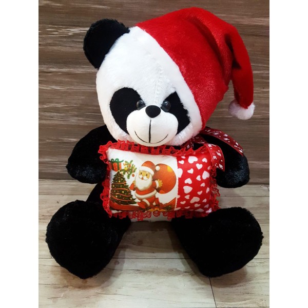 Black and White Panda Christmas Teddy Bear with cap and santa cushion